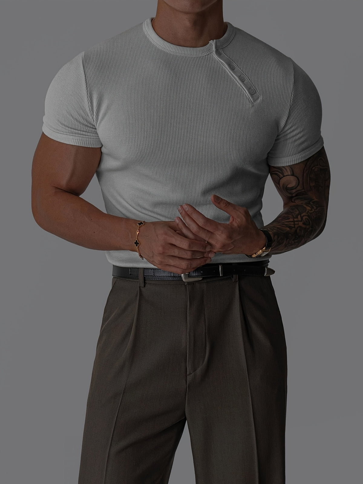 [Shule Water OBM] Men'S Ribbed Henley T-Shirt, Short Sleeve Slim Fit Base Layer Top, Textured Street Style Shirt, Fitness Commute Versatile Style, 2026 Summer New - White