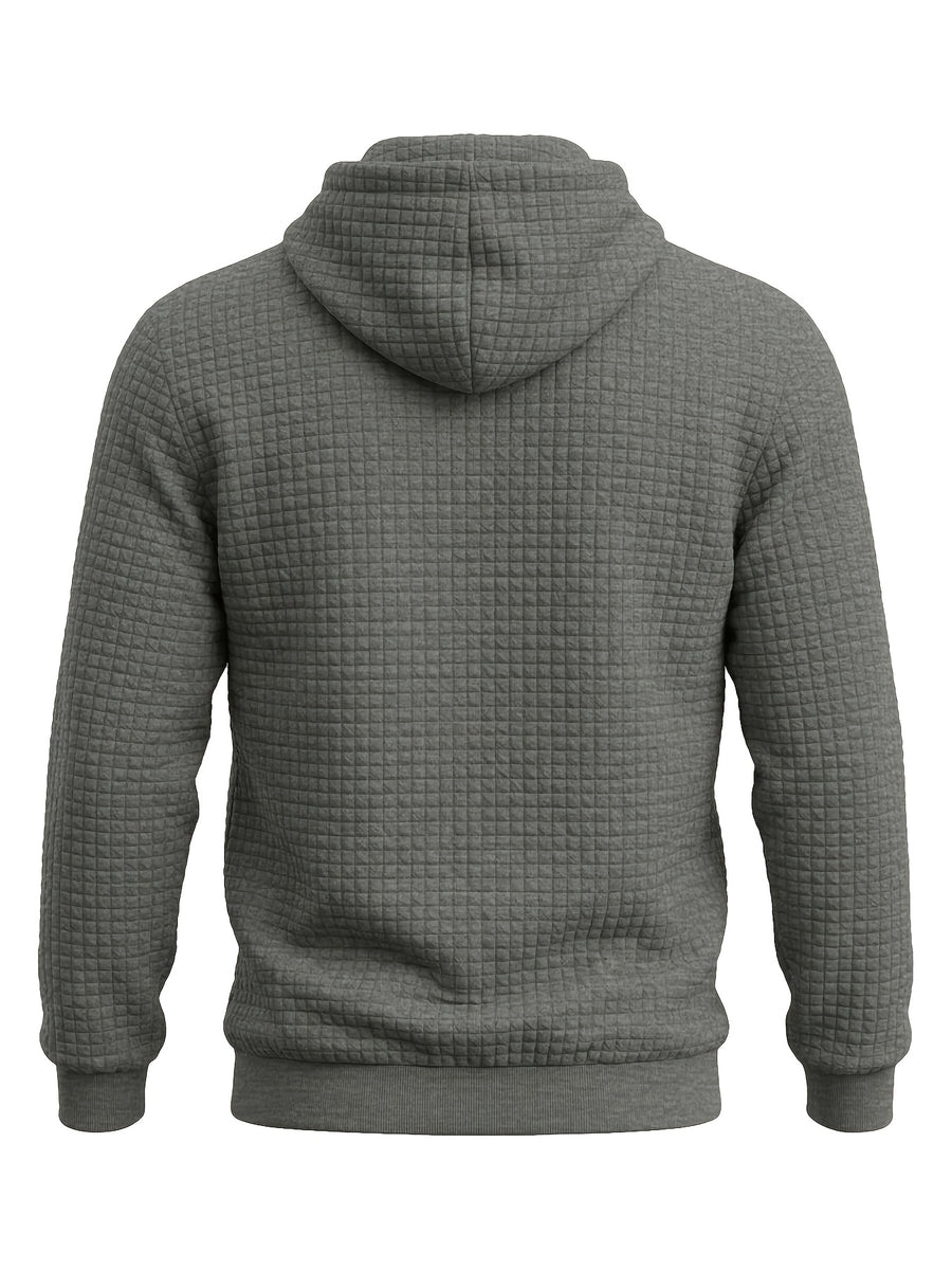 American Style New Men's Casual Pullover Jacquard Sweatshirt, Plaid Hooded Sweatshirt with Large Pocket - Grey