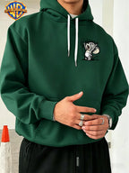 Licensed by Warner Bros., Sketch Style Cute Young Animals, Exuberant Cheering Expression with Casual Graffiti Art Letter Trendy Cool Print Men'S Fashion Hooded Sweatshirt, Sleeve Print Design, Kangaroo Pouch, Drawstring Hood - Green