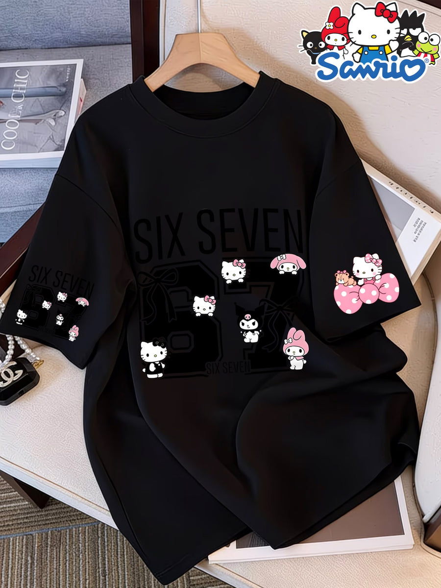 Authorized Women'S Round Neck 100% Short Sleeve T-Shirt, 67 Number Pattern with Hello Kitty My Melody Kuromi Kuromi Cute Print Women'S Elegant Round Neck Short Sleeve T-Shirt, Soft Fabric Spring Summer Versatile Casual Top - Black