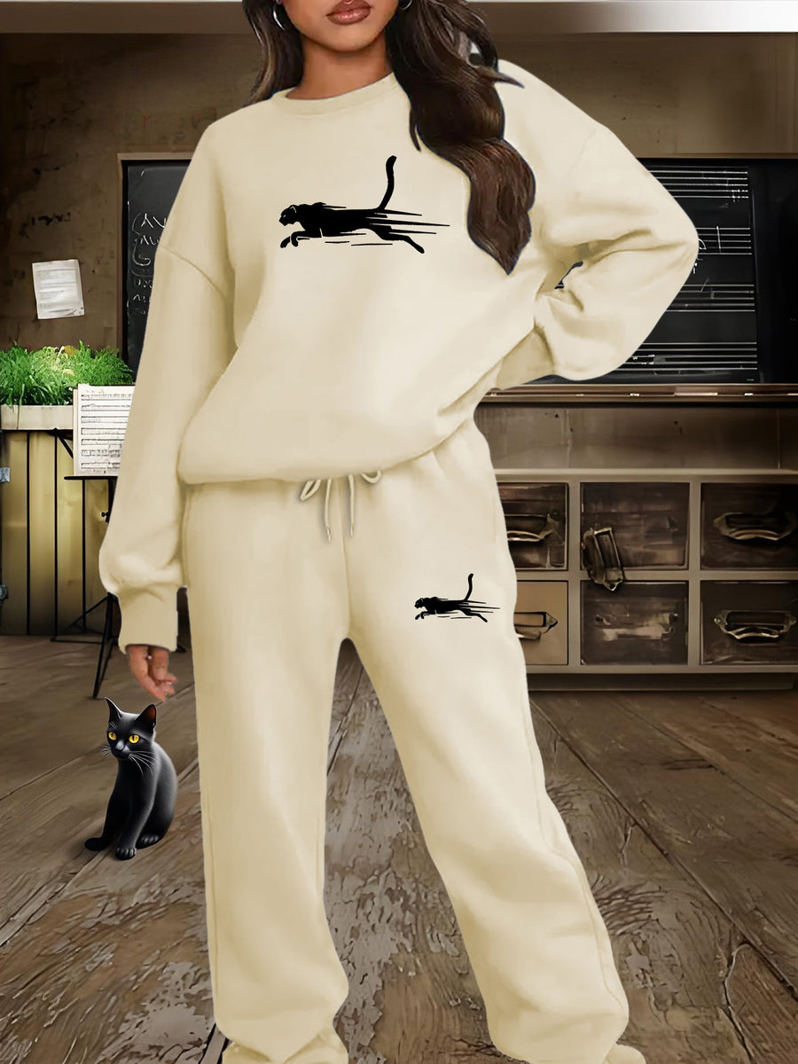 Women'S Casual Fleece-Lined Sweatshirt with a Round Neck And Matching Elastic Sports Pants Featuring a Leopard Print Design, Perfect for Autumn And Winter - Apricot
