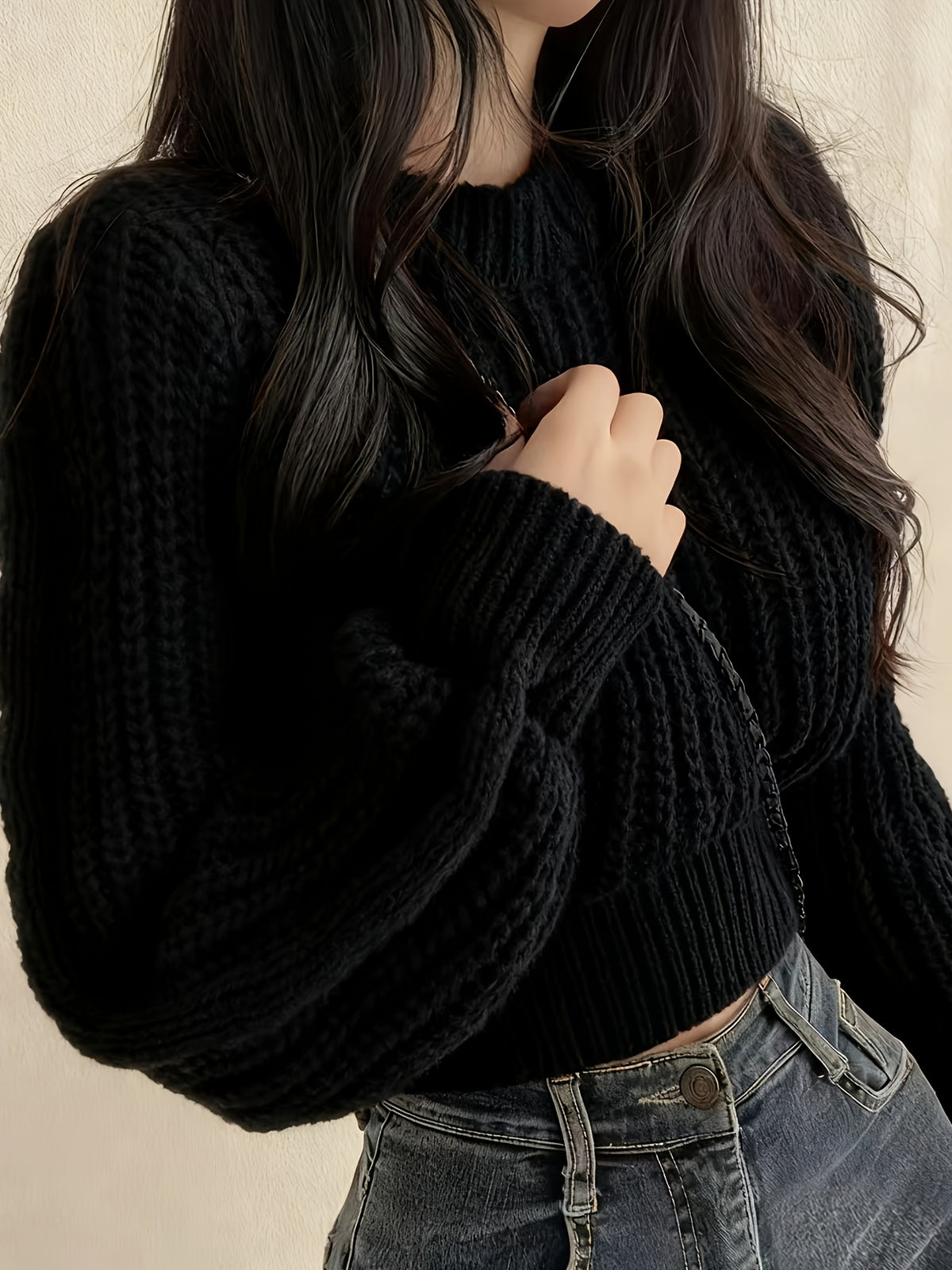 Sweater Women'S Round Neck Design Cable Texture Loose Long Sleeve Textured Three-Dimensional Interpretation Easy Cool Wear Atmosphere All-Match Top Pullover - Black