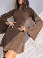 Fashionable Sexy Round-Neck Solid Color Flared Sleeve Back Cutout Tie-Belted A-Line Mini Dress, Suitable for Dates, Daily Gatherings, Holidays, And Everyday Wear - Coffee Brown