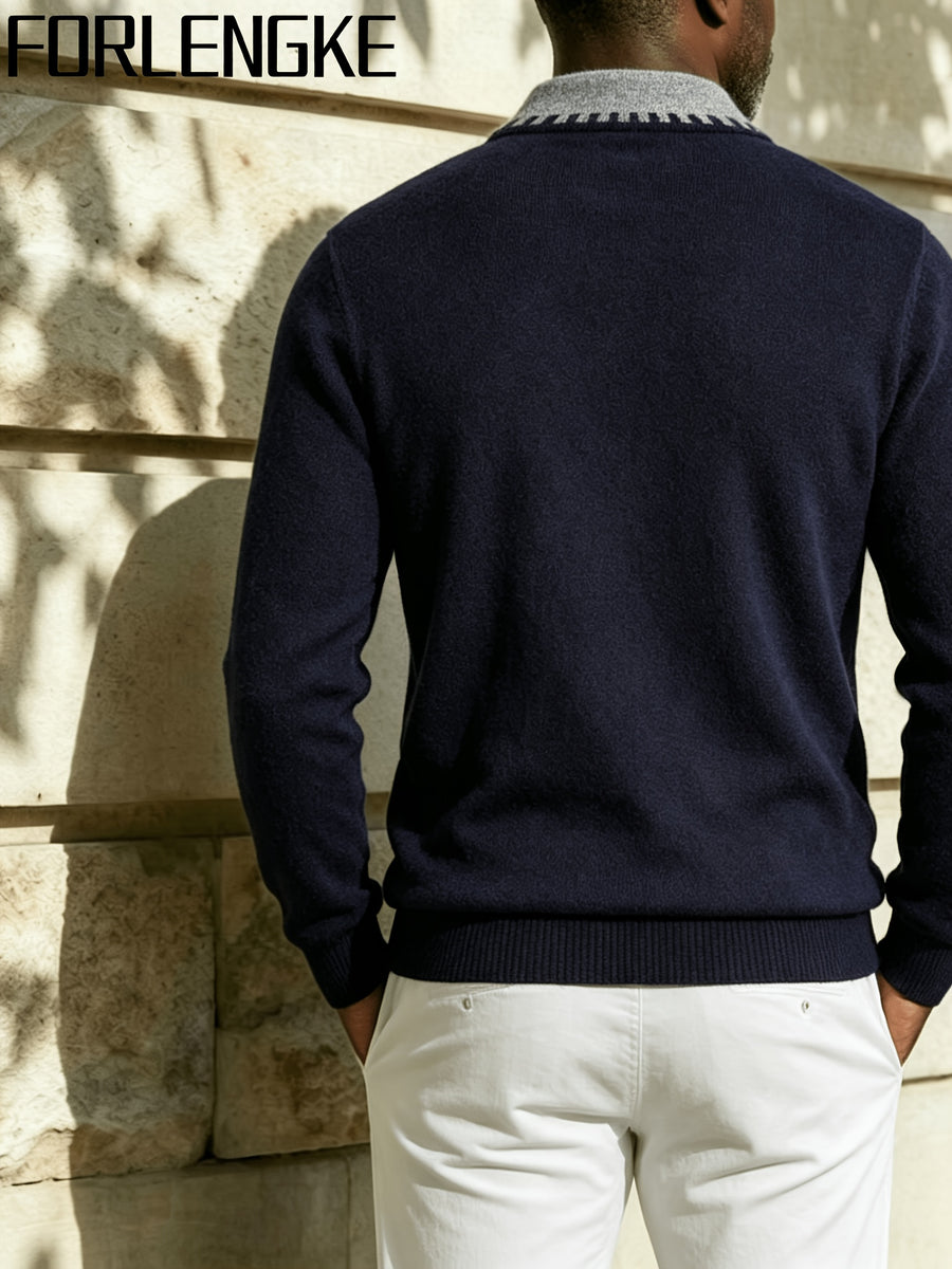 FORLENGKE Fall/Winter Men's Color-Block Collar Polo Knit Sweater with Textured Fabric, Turn- Collar Pullover Top, Casual and Versatile Knitwear for Men, Suitable for Work, Parties, and Various Occasions, Can Be Worn Inside or Out, Basic Top - Shangqing