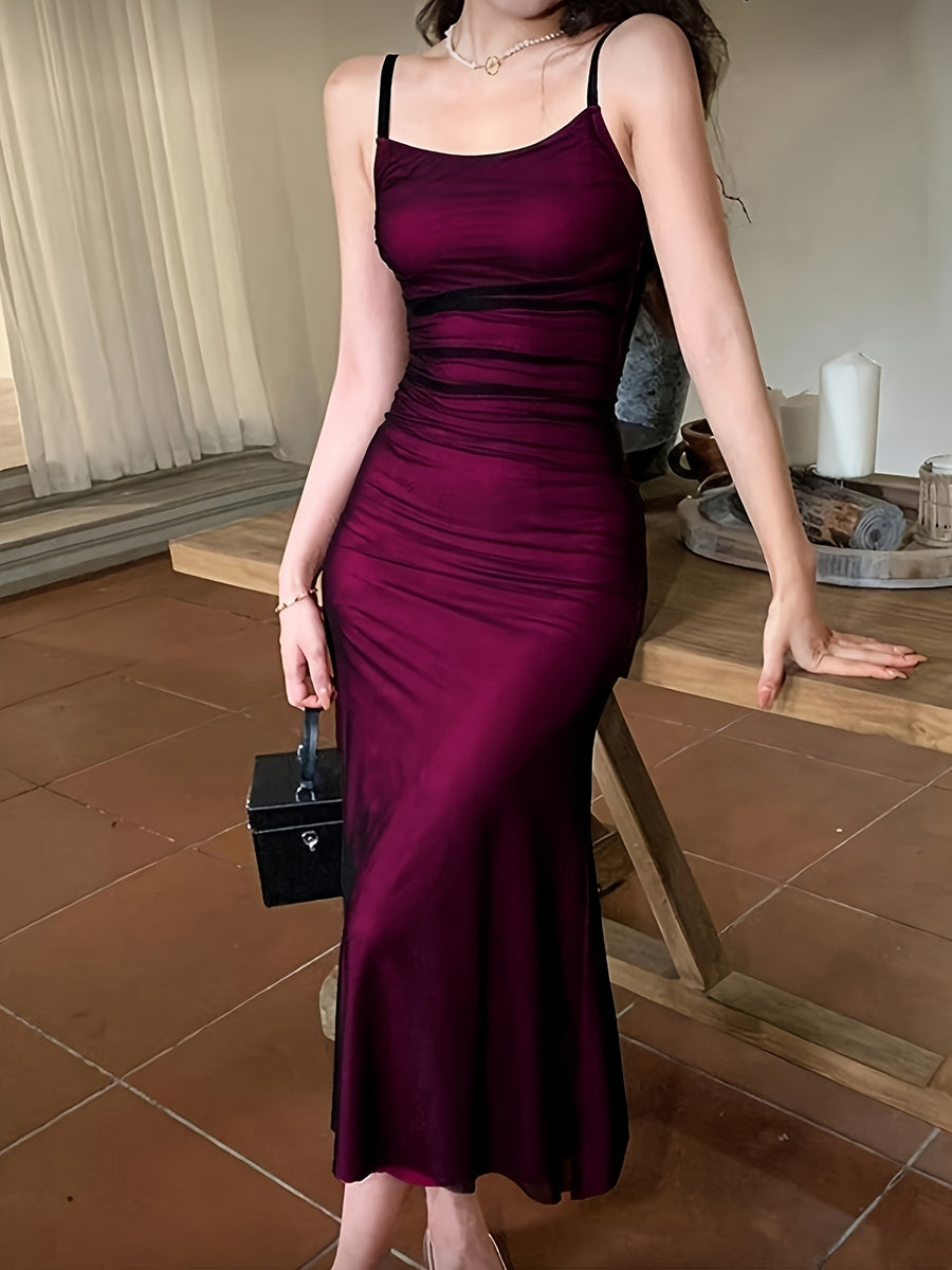 Women's Fashion New Black Sheer Red Strap Hip-Enhancing Dress with Waist Cinching Design, Long Dress - Rose Red