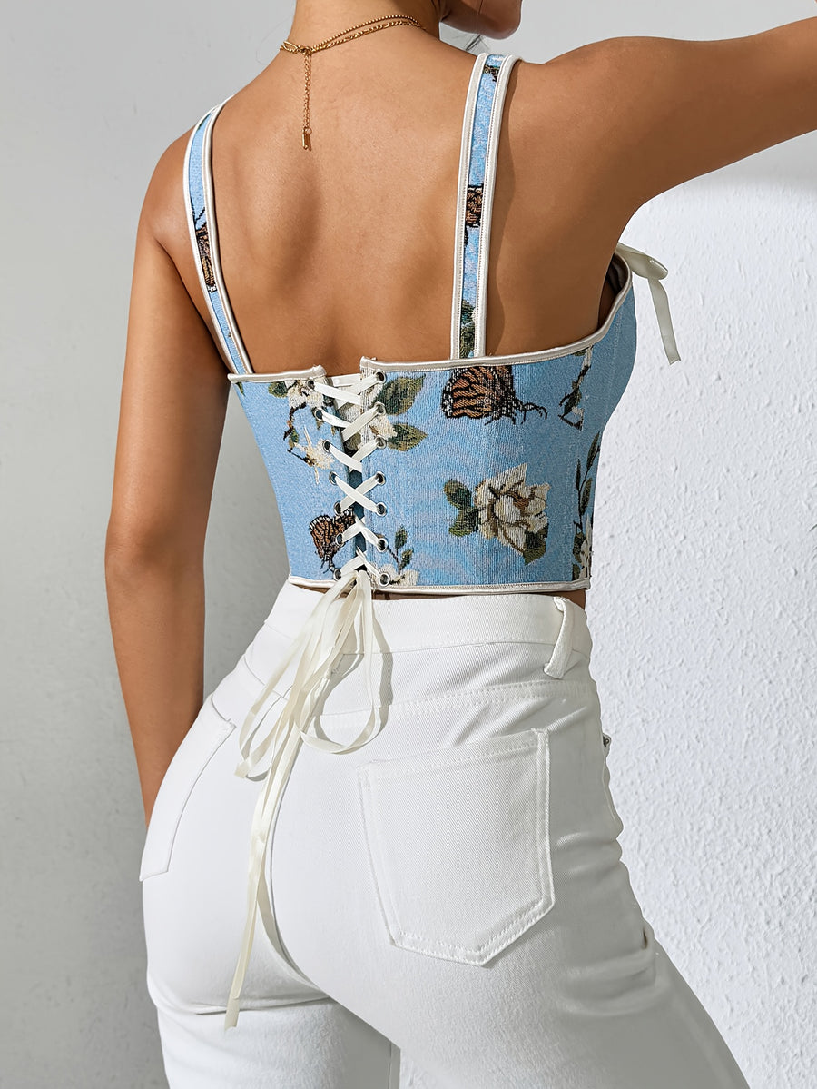 French-Style Court Bow Tie Lace-Up Floral Print Vintage Oil Painting Bodice Ball Gown Women's Camisole Printed Slim Fit Vest Corset Top for Outerwear - Sky Blue