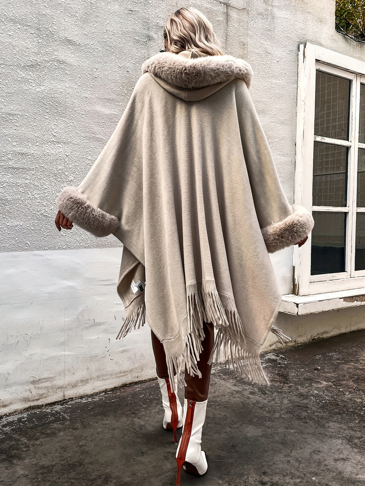 New Luxurious Faux Hooded Cardigan Sweater with Tassel Shawl Cape for Autumn And Winter in Europe And America - Apricot