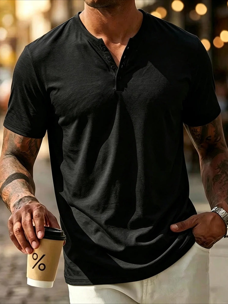 Men'S Summer Fashion T-Shirt Solid Casual Men'S Beach Vacation T-Shirt - Black
