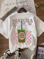 Women's Loose Fit Beverage Letter Graphic Print Sporty Casual Short Sleeve T-Shirt - White