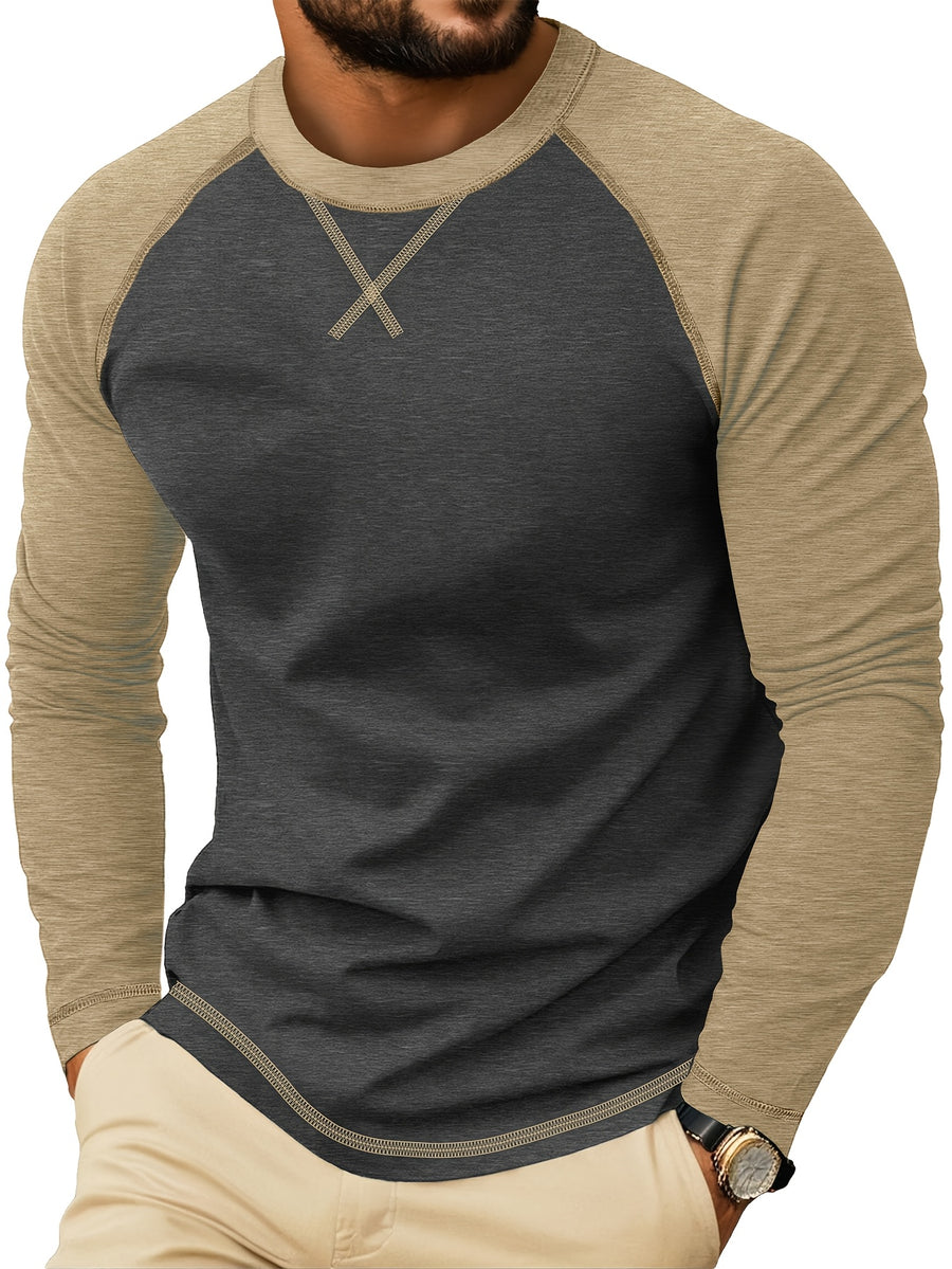 Cross-Border Men'S Long Sleeve Round Neck T-Shirt, Export European And American Men'S Clothing Color-Block Top Base Layer - Dark Gray