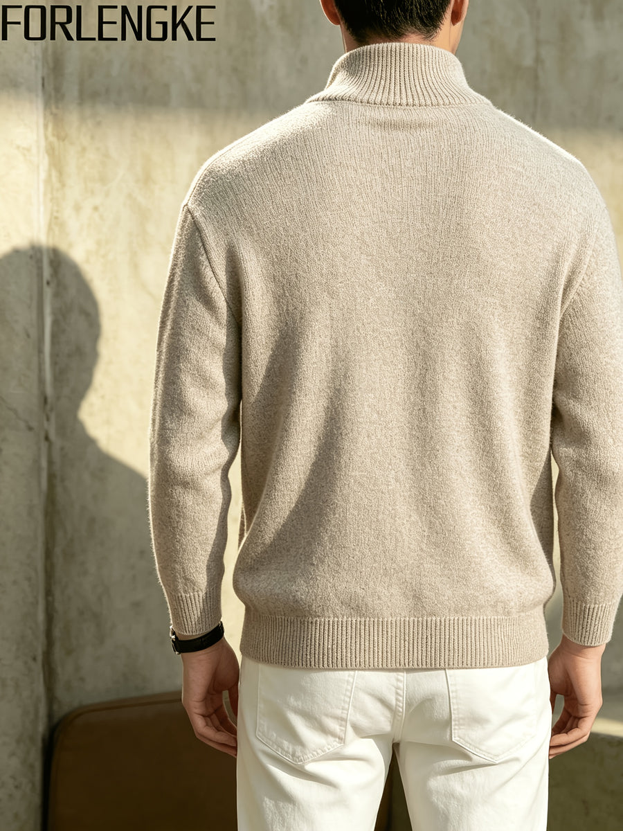 FORLENGKE Men'S Half-Turtleneck Zip-Up Knit Cardigan with Vintage Cable Knit Texture, Solid Color Sweater Jacket, New Autumn/Winter Trendy Long-Sleeve Top, Soft And Skin-Friendly Knit Fabric, Perfect for Everyday Outings, Shopping, And Casual Wear - Apricot