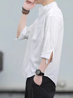 New Loose-fitting Chinese-style Stand-up Collar Men's Shirt, Comfortable and Breathable Linen Men's Mid-length Sleeve Shirt, Simple and Versatile Men's Casual Shirt. - White
