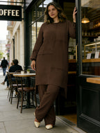 Eid Muslim 2pcs Jilbab Set | Modest Abaya with Wide Leg Pants | Traditional Daily Commute Wear - Coffee Brown