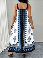 Plus Size, Plus-size Women's Bohemian Print Maxi Dress, Sleeveless Spaghetti Strap A-Line Dress, Geometric Pattern, Casual Loose and Flowy Summer Beach Dress, Irregular Hem Design, Blue and White Ethnic Print Maxi Dress - Multicolor