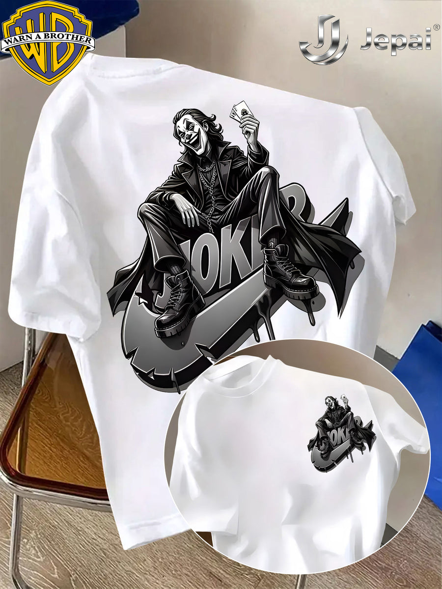 Warner Exclusive, Vintage Street Style DC Joker Themed Print Men's Summer Basic Daily Casual Short-Sleeve Top, Casual Crew Neck Shirt, Suitable for Outdoor Wear, Fitness, Office, and Daily Outfits, an Essential Item for Men's Basic Wardrobe - White