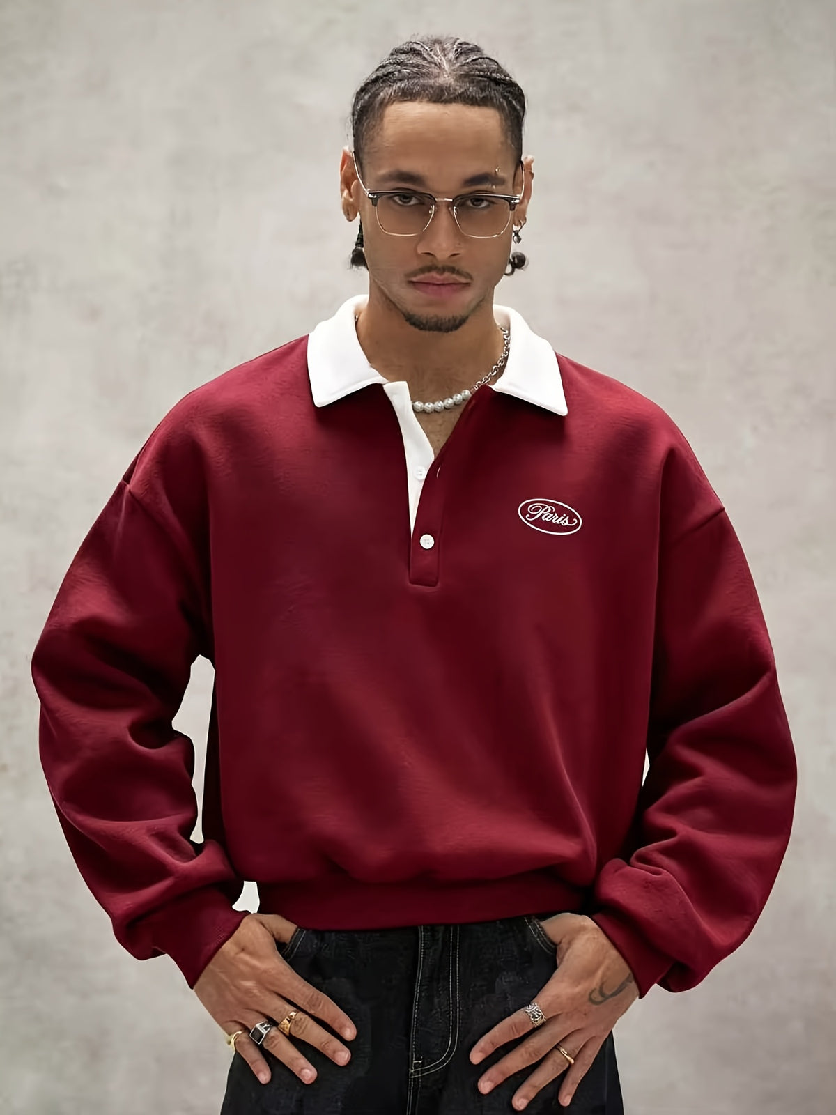 Men's Loose Fit Polo Collar Sweatshirt, Contrast Color White Collar Henley Pullover, Paris Letter Print Long Sleeve Casual Streetwear Top - Burgundy
