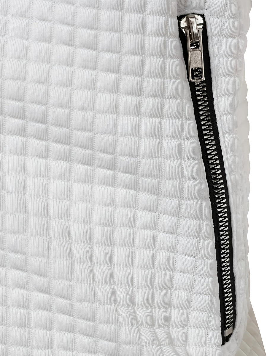 Pearson OBM Men's Casual Jacket, Checkered Embossed Stand Collar Zipper Baseball Jacket, Waffle Texture with Side Seam Slit Pockets, Solid Color Loose Fit Commuter Casual Pilot Jacket for Spring/Autumn - White