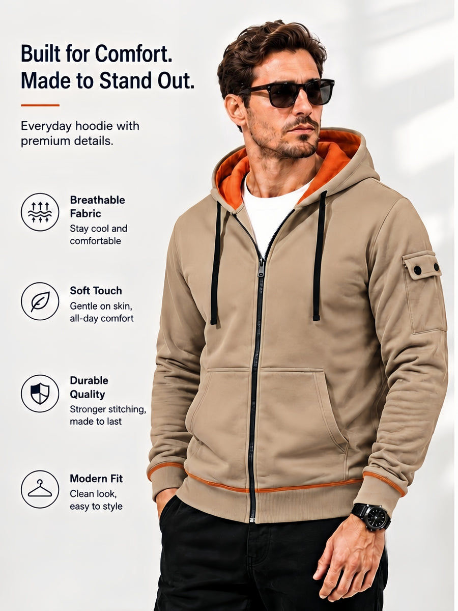 Hoodie, Men'S Fashion Color-Block Zip-Up Hoodie, Multi-Pocket Design Showcasing Individuality, Solid Casual Versatile Hoodie, Autumn/Winter Outerwear - Khaki