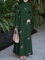 Muslim Women's Dress, Loose Fit Traditional Middle Eastern Thobe, Straight Cut Long Sleeve Elegant Muslim Long Dress, Long Abaya, Simple White Bow Decorative Pattern Print Dress, Headscarf Not Included - Mixed colors