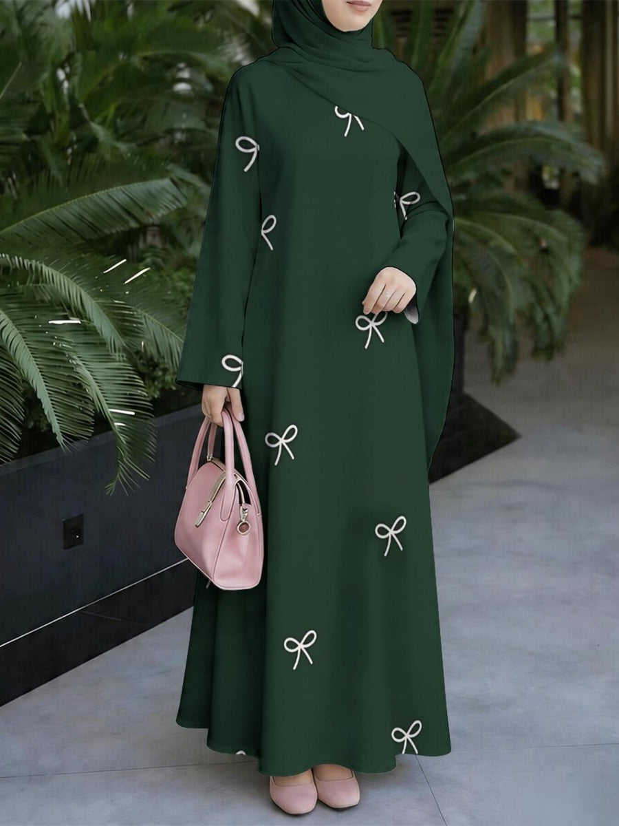 Muslim Women's Dress, Loose Fit Traditional Middle Eastern Thobe, Straight Cut Long Sleeve Elegant Muslim Long Dress, Long Abaya, Simple White Bow Decorative Pattern Print Dress, Headscarf Not Included - Mixed colors
