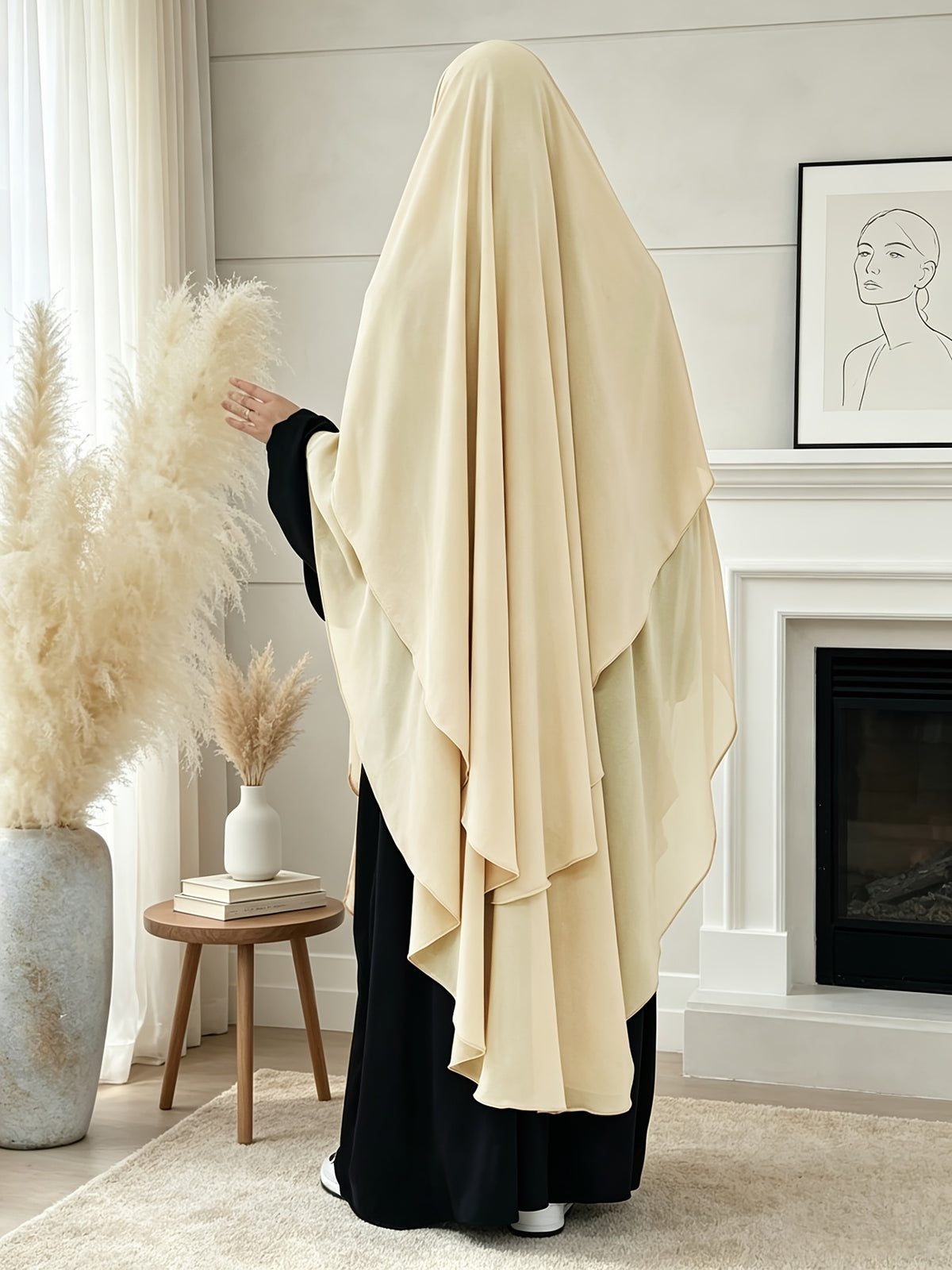 1pc High-Quality Pearl Chiffon Double-Layer Design Breathable And Private Kimmar Scarf Matching Any Abaya Women'S Daily Wear Prayer Use All Seasons - Apricot