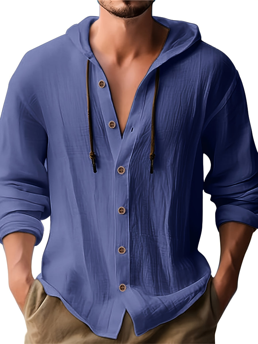 Men'S Spring And Autumn Fashion Versatile Casual Long-Sleeved Shirt, Light, Comfortable And Breathable Linen And Solid Color Shirt, New Season - Navy Color