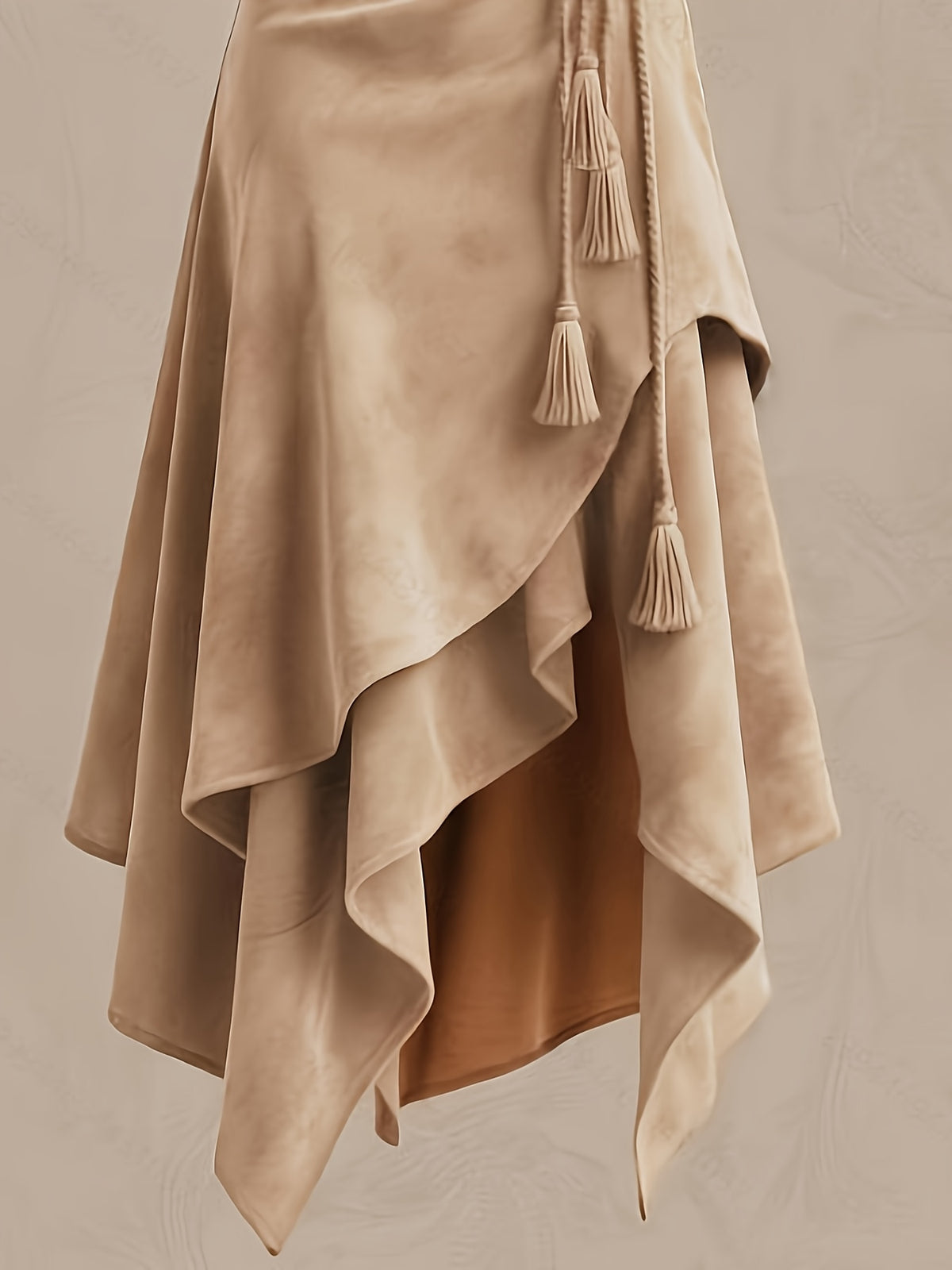 Vintage Western Style Irregular Midi Skirt with Tie-Waist and Tassel Decoration--ZLLZ - Camel