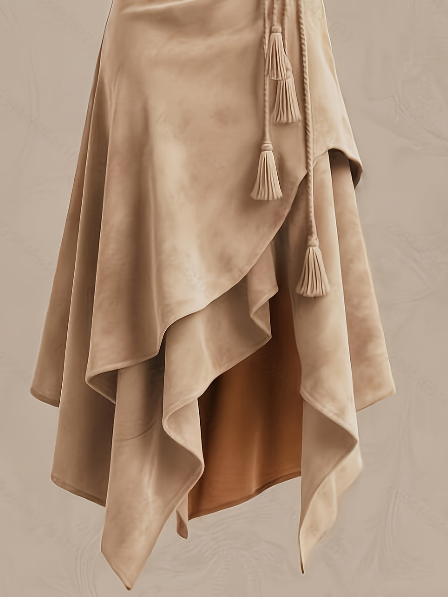 Vintage Western Style Irregular Midi Skirt with Tie-Waist and Tassel Decoration--ZLLZ - Camel