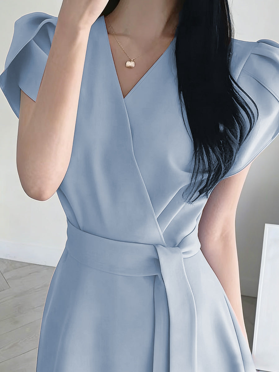 Women'S Belt Dress, Solid Color Loose Elegant Puff Sleeve V-Neck Tie-Waist A-Line Midi Dress - Lightweight Breathable Summer Commute And Party Dress, Suitable for Wedding Guest, Party Or Summer Outfit, Casual Commute - Sky Blue