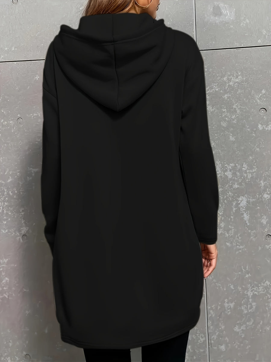 Trendy Long Women'S Hoodie for Autumn And Winter Fashion, Women'S Clothing with Kangaroo Pocket Design - Black