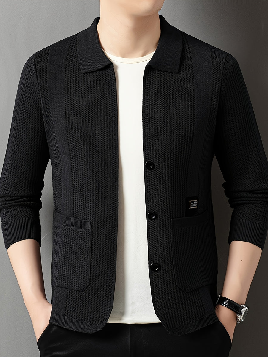 Men'S Spring Autumn Lapel Knit Jacket Cardigan - Black