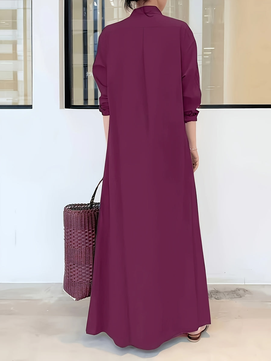 Women's Button- Shirt Dress with Long Sleeves and Pockets, Spring Shirt Collar Autumn Dress - Deep Red