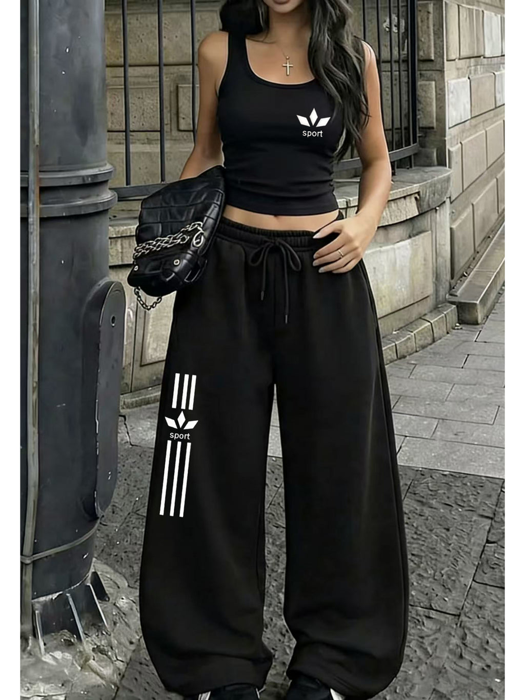 Women'S Summer Black 2pcs Set, Sleeveless Short Vest And High-Waist Loose Wide-Leg Pants, Casual Athletic Striped Print Outfit - Black