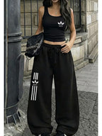 Women'S Summer Black 2pcs Set, Sleeveless Short Vest And High-Waist Loose Wide-Leg Pants, Casual Athletic Striped Print Outfit - Black