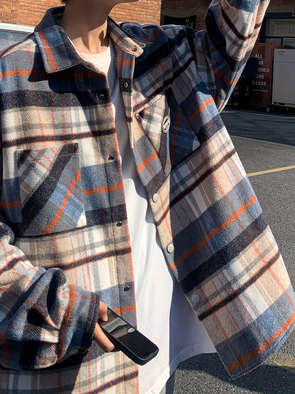 23420 Men'S Fashion Casual Plaid Small Fragrant Style Long Sleeve Shirt - Blue