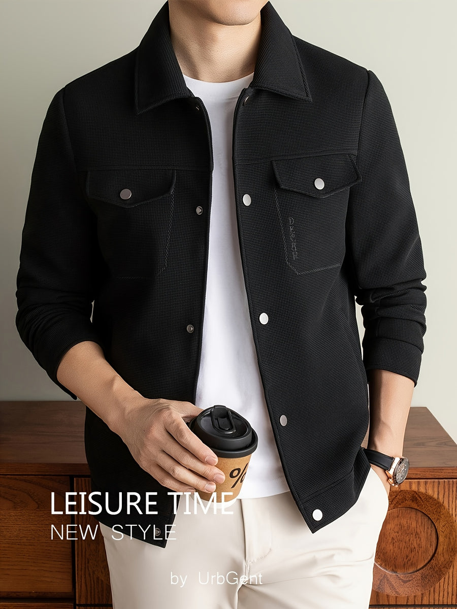 Men's Lightweight Textured Jacket with Button-Front & Collar - Soft Breathable Workwear Coat Suitable for Business Office, Travel, Casual Streetwear, Spring/Autumn Outerwear, Hand Washable Button-Up Blazer - Black