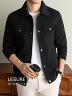 Men's Lightweight Textured Jacket with Button-Front & Collar - Soft Breathable Workwear Coat Suitable for Business Office, Travel, Casual Streetwear, Spring/Autumn Outerwear, Hand Washable Button-Up Blazer - Black