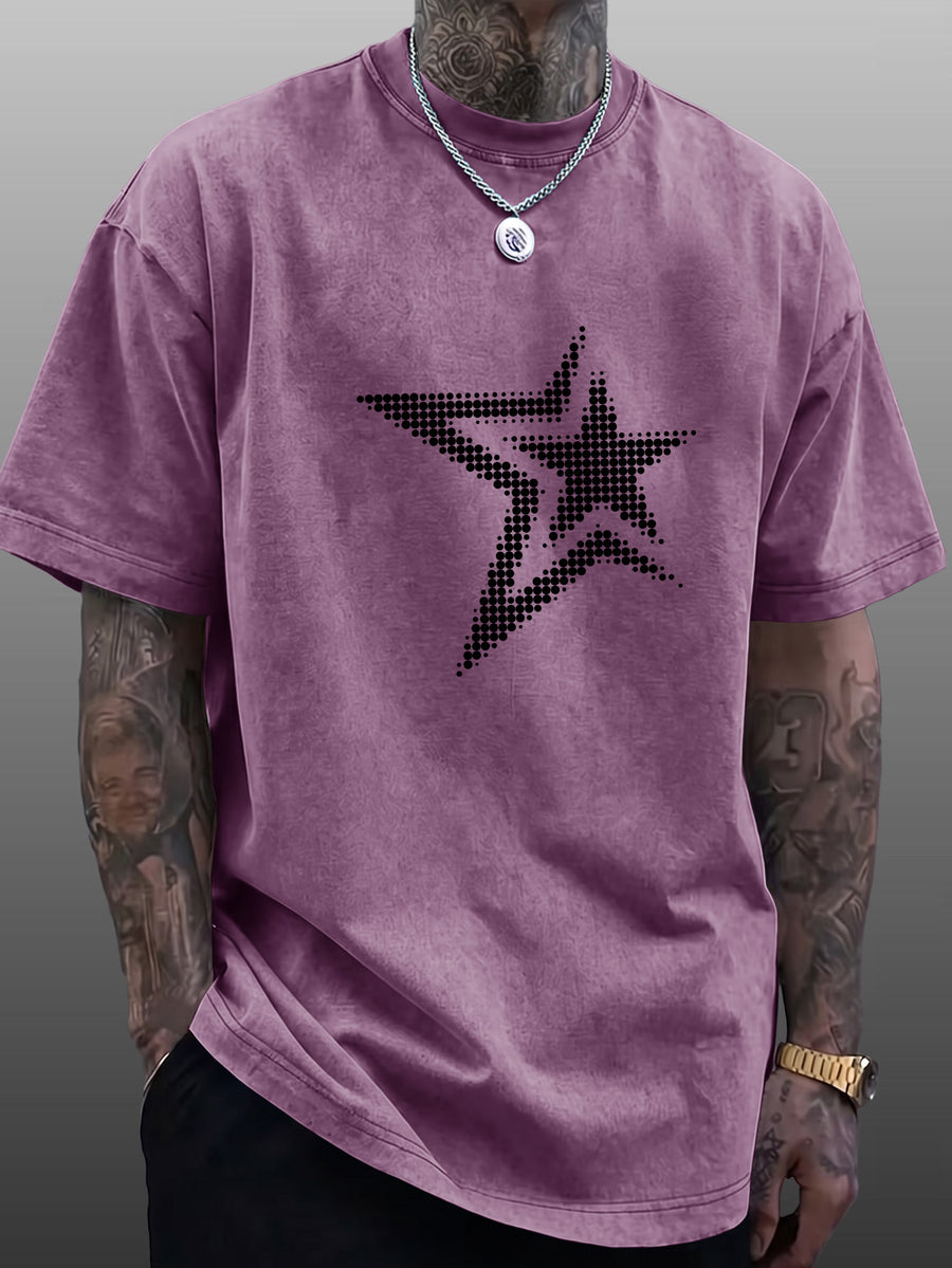 Men's Short-Sleeve T-Shirt, Pure Cotton Loose Fit Washed Distressed Half-Sleeve Top, Dot Matrix Overlapping Double Five-Star Trendy Reverse Double-Sided Print, Multiple Colors for Mix & Match, American Streetwear High Street Hip-Hop Y2K National - Purple