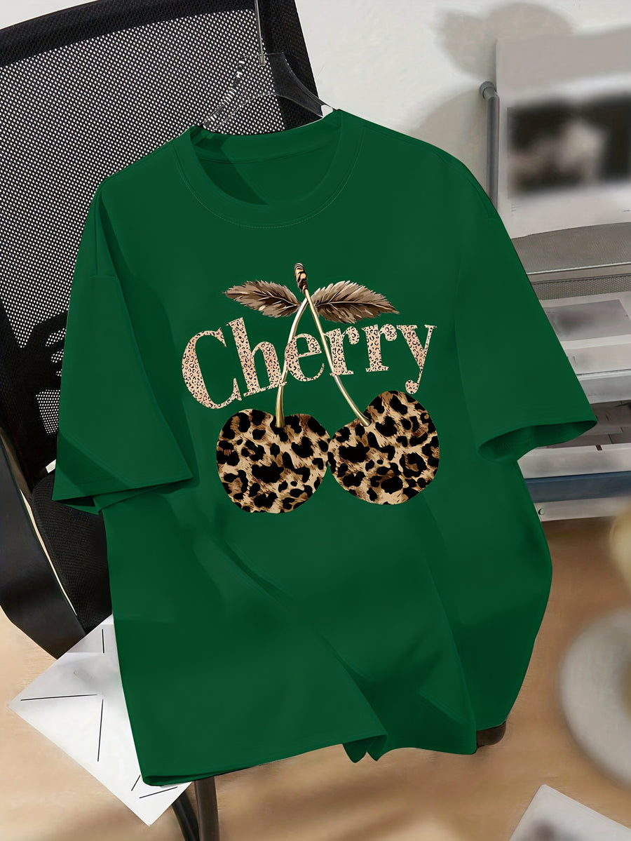 Leopard Print Cherry Pattern Casual Vintage T-Shirt, Short-Sleeve Round-Neck Top, Suitable for Autumn, Summer, And Spring, Women'S Clothing, Autumn Short-Sleeve Top, Everyday Wear - Dark Green