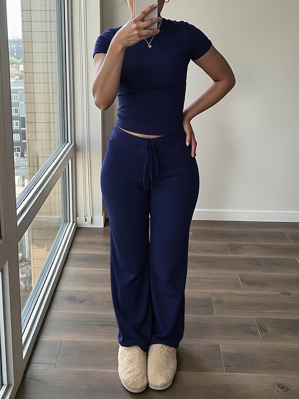 Women'S 2pcs Short Sleeve Top And Wide-Leg Pants Set, Fake Drawstring Waistband, Casual All-Season Outfit, Comfortable Home Wear, Daily Attire, Casual Style, Short Sleeve Top, Women'S Set, Women'S Clothing, Fashion Top, Autumn Women'S Wear - Navy Color