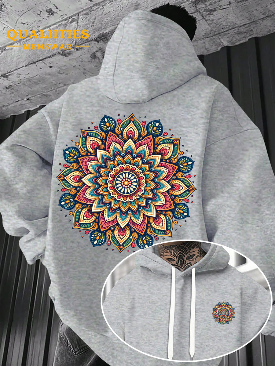 Men's "Mandala" Print Hooded Sweatshirt - Relaxed Fit, Simple and Distinctive Design, Loose Cut for Comfort and Style, Machine Washable Casual Pullover for Autumn/Winter, Suitable for Casual Wear, Hooded Sweater, Winter Apparel, Fashionable Design - Light Grey