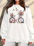 Plus Size, Extended Apparel: Women's Spring/Autumn/Winter Cross-Border European & American Plus-Size Simple Graphic Print Sweatshirt, Casual Crew Neck Sweatshirt, Women's Plus-Size Sweatshirt - White