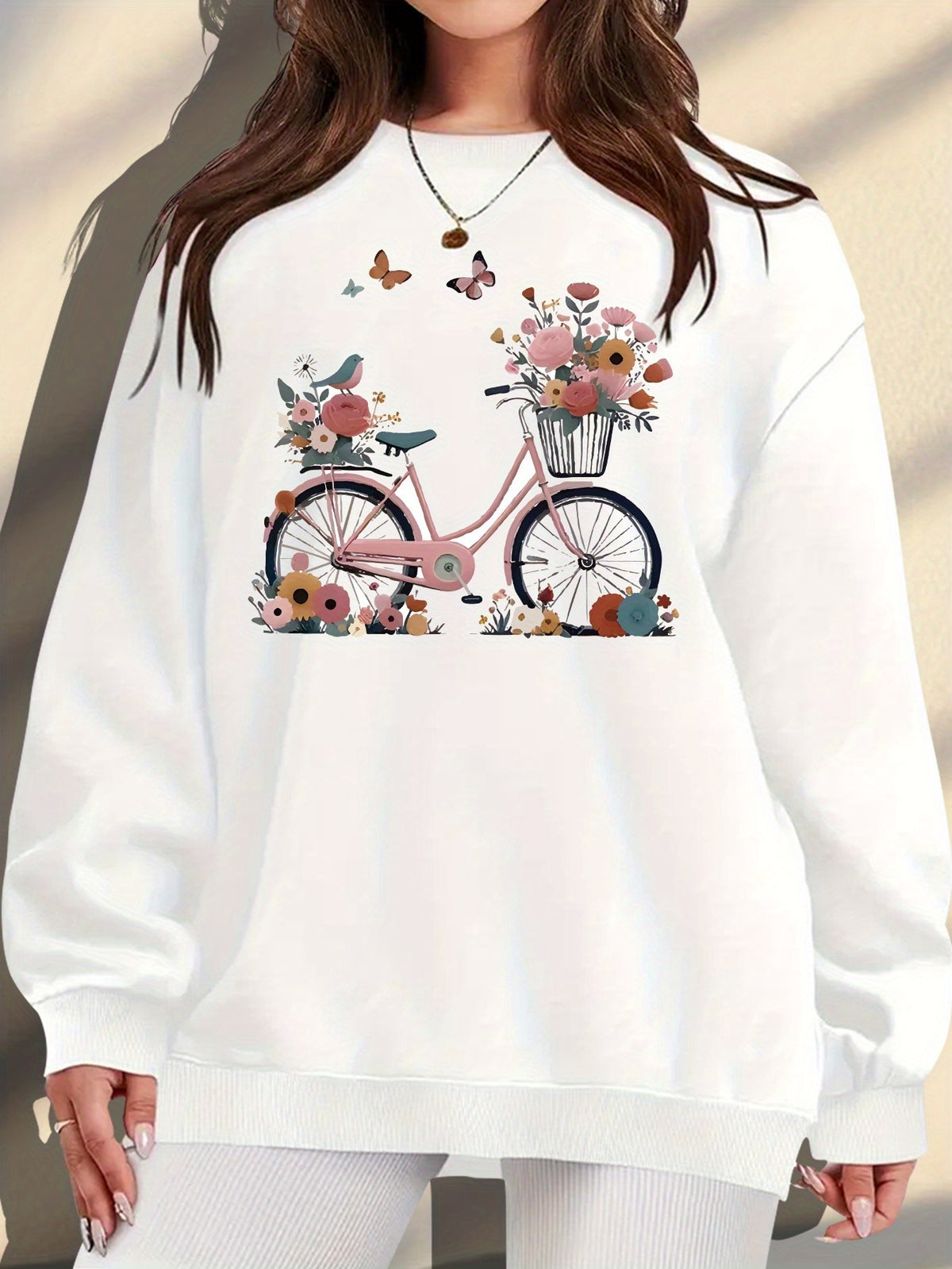 Plus Size, Extended Apparel: Women's Spring/Autumn/Winter Cross-Border European & American Plus-Size Simple Graphic Print Sweatshirt, Casual Crew Neck Sweatshirt, Women's Plus-Size Sweatshirt - White