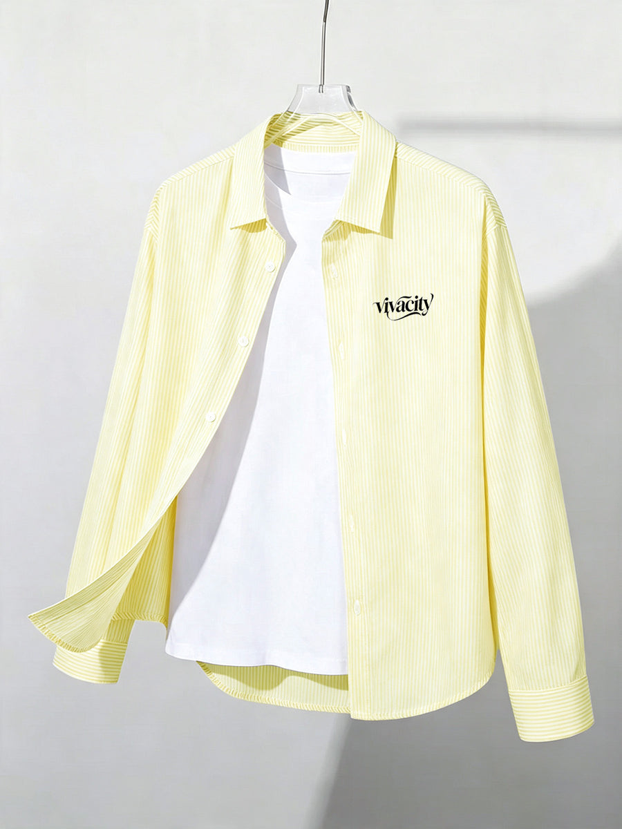 Spring/Autumn Thin All-Match Basic Letter Print Multi-Color Optional Long Sleeve Thin Striped Casual Outerwear Shirt - Yellow