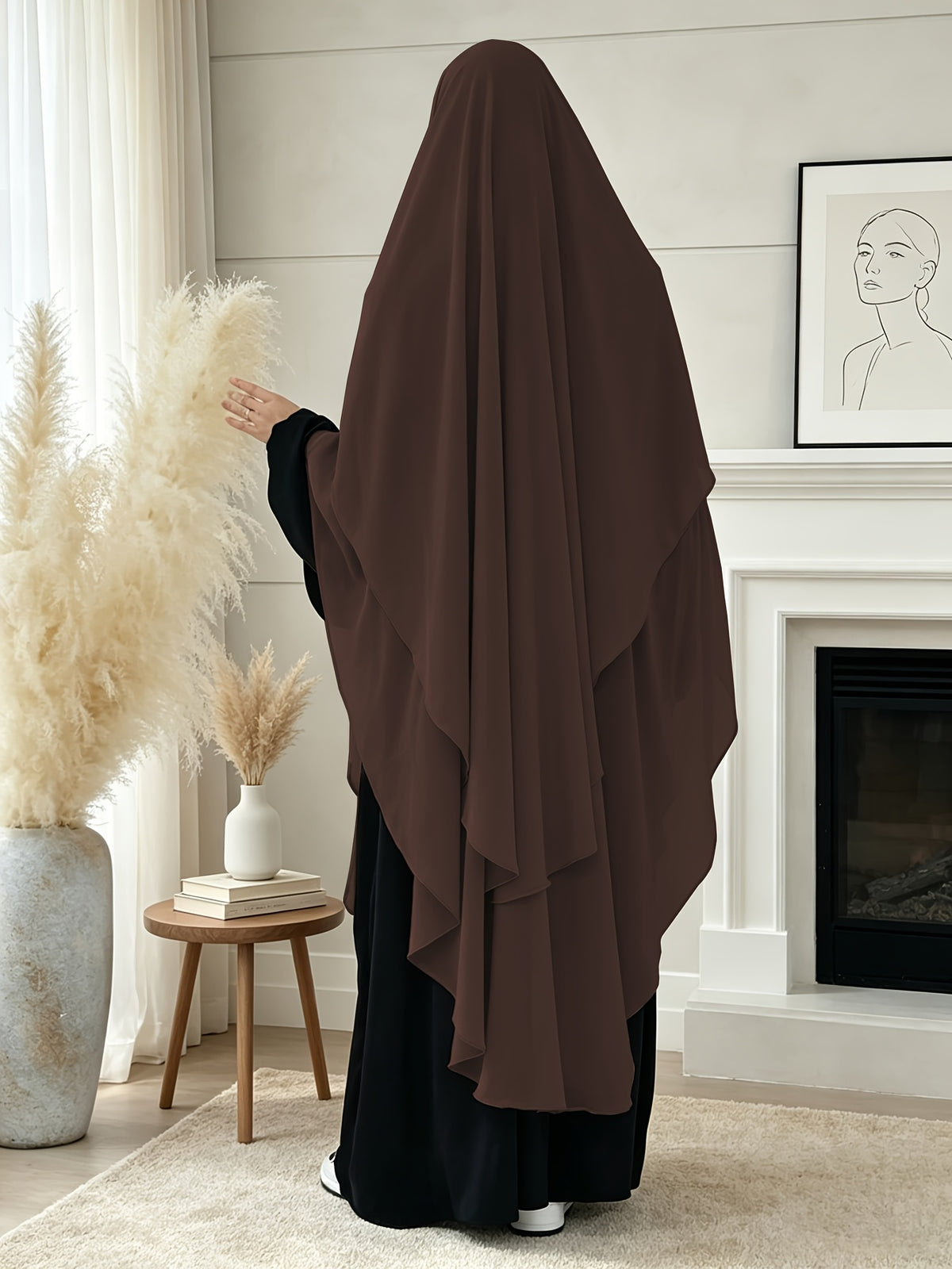1pc High-Quality Pearl Chiffon Double-Layer Design Breathable And Private Kimmar Scarf Matching Any Abaya Women'S Daily Wear Prayer Use All Seasons - Coffee Color