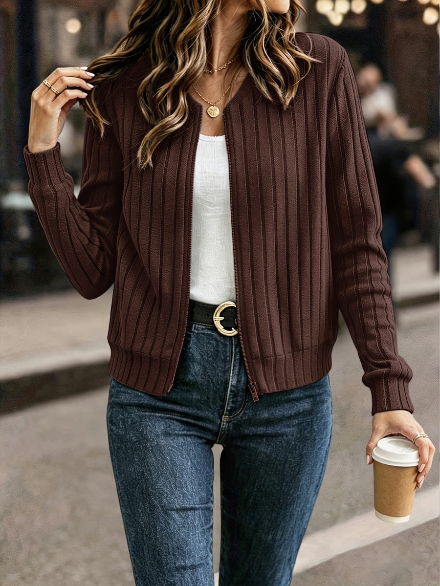 Elegant Directional, Elegant Solid Color Ribbed Zipper Long-Sleeve Jacket Coat - Autumn/Winter Style, Suitable for Commuting, Elegant Casual Wear, Wear - Coffee Color