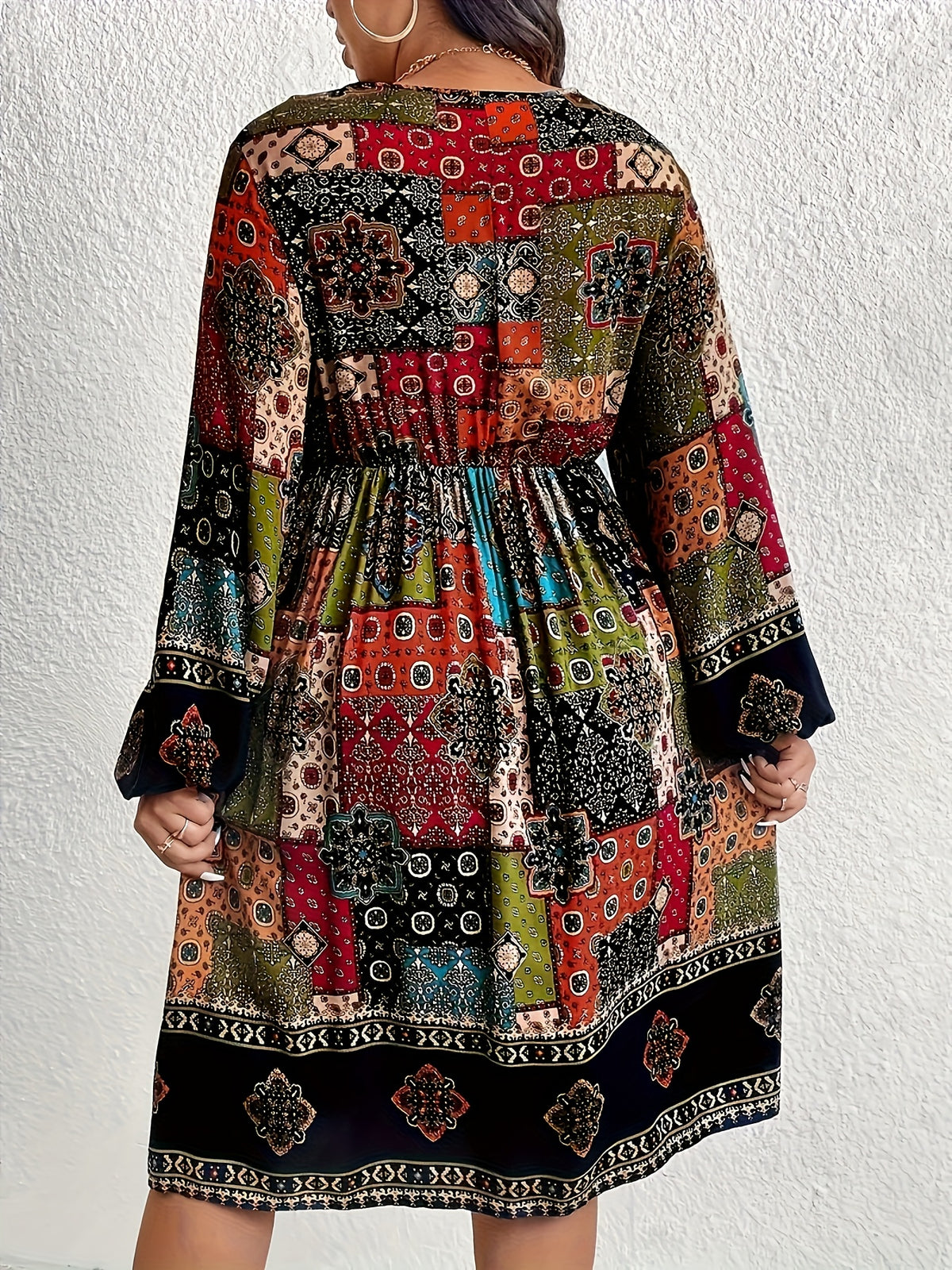 Plus Size - Plus Size - Bohemian Style Plus-Size V-Neck Lantern Sleeve Dress with Elegant Geometric Patterns - Mixed colors