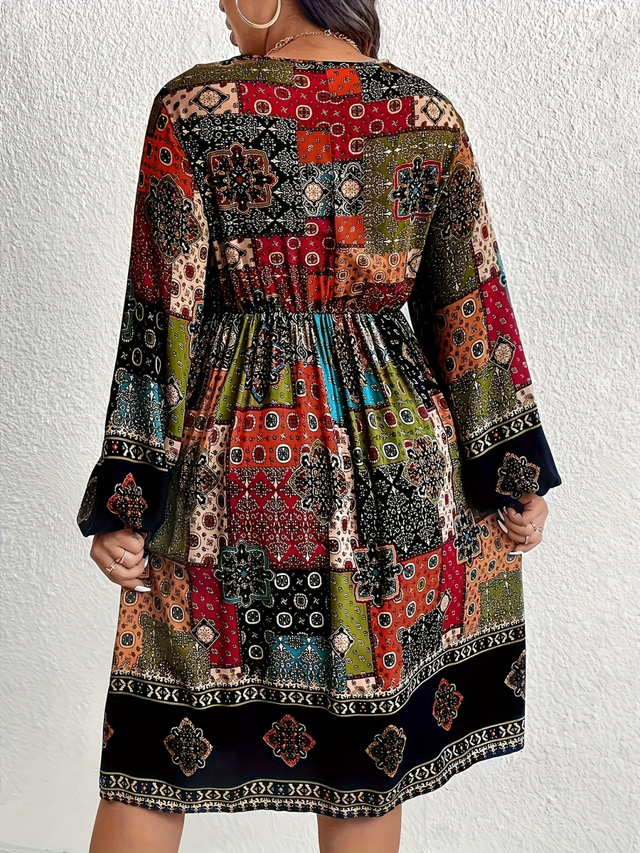 Plus Size - Plus Size - Bohemian Style Plus-Size V-Neck Lantern Sleeve Dress with Elegant Geometric Patterns - Mixed colors