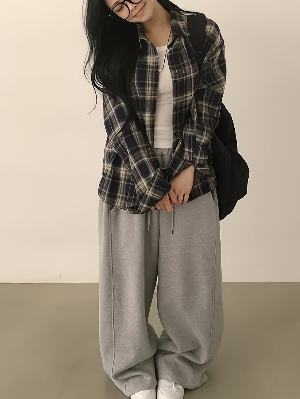 Women'S Shirt Multicolor Brushed Plaid Shirt Loose Top - Navy Color