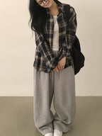 Women'S Shirt Multicolor Brushed Plaid Shirt Loose Top - Navy Color
